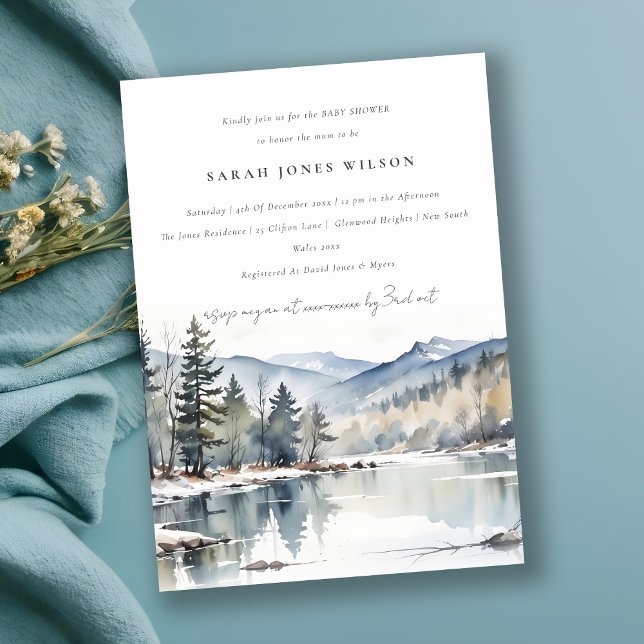 Winter Snow Mountain Lake Landscape Baby Shower Invitation (Creator Uploaded)