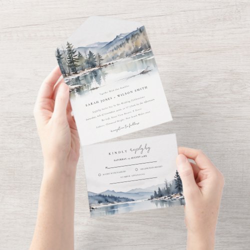 Winter Snow Mountain Lake Landscape Wedding All In One Invitation