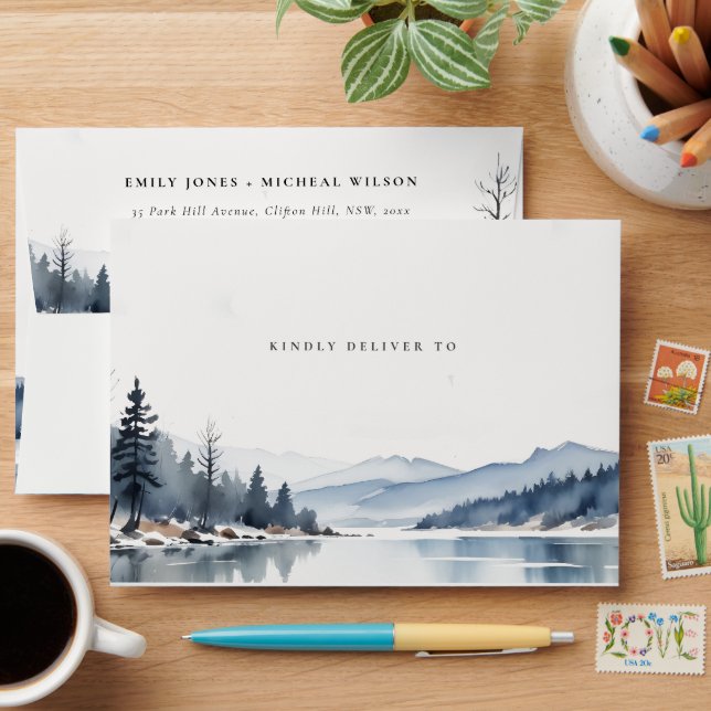 Winter Snow Mountain Lake Landscape Wedding Envelope (Desk)