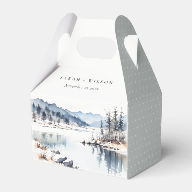 Winter Snow Mountain Lake Landscape Wedding Favor Boxes (Front Side)