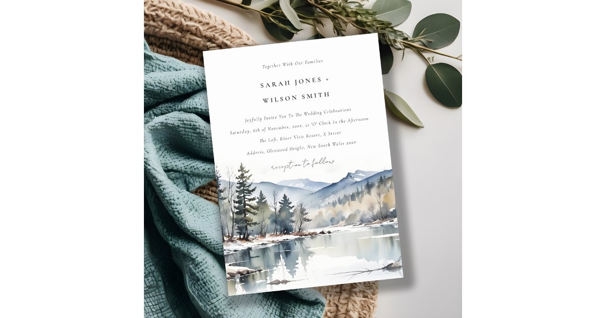 Winter Snow Mountain Lake Landscape Wedding Invitation | Zazzle