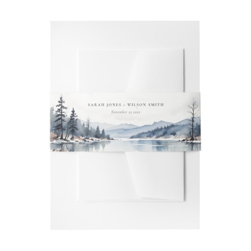 Winter Snow Mountain Lake Landscape Wedding Invitation Belly Band