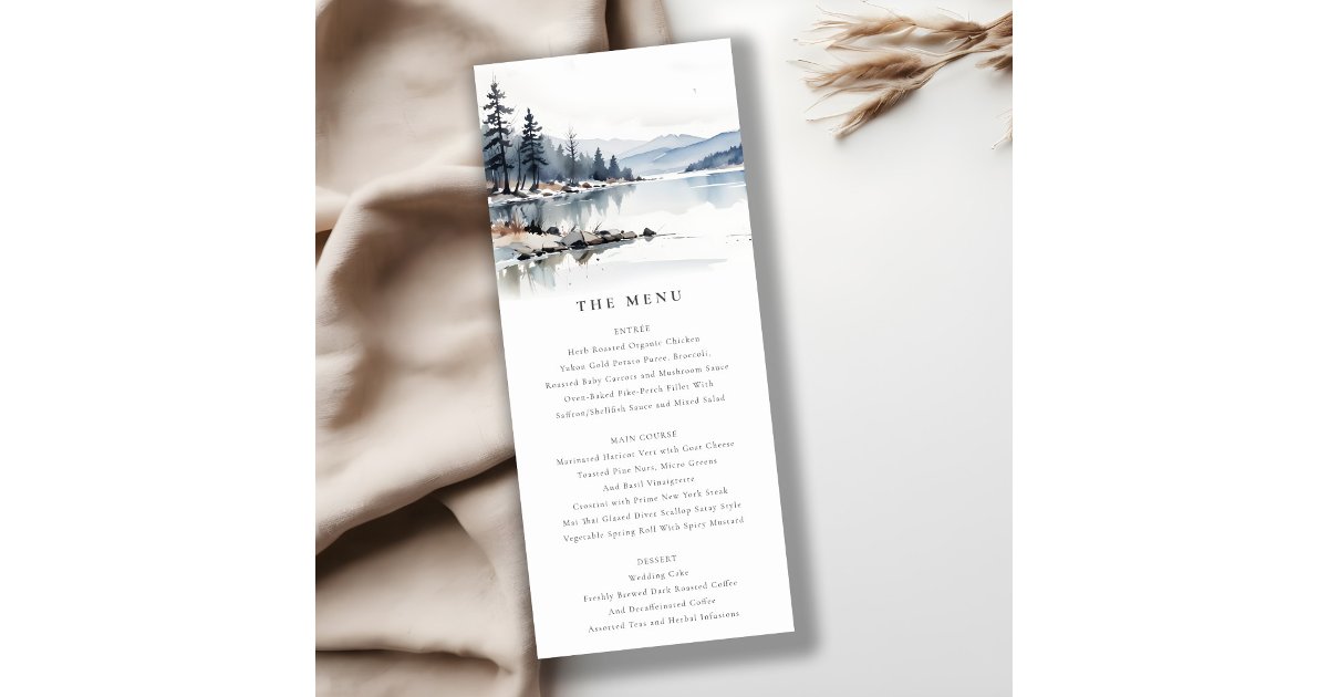 Winter Snow Mountain Lake Landscape Wedding Menu Invitation | Zazzle