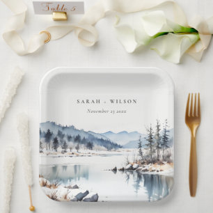 Winter Snow Mountain Lake Landscape Wedding Paper Plates