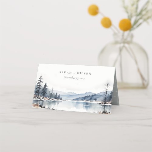 Winter Snow Mountain Lake Landscape Wedding Place Card