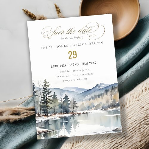 Winter Snow Mountain Lake Landscape Wedding Save The Date