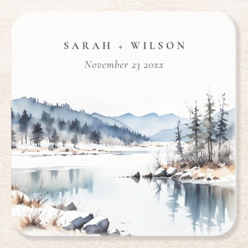 Winter Snow Mountain Lake Landscape Wedding Square Paper Coaster