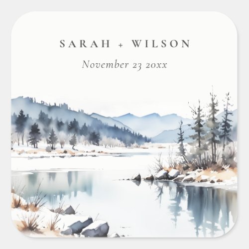 Winter Snow Mountain Lake Landscape Wedding Square Sticker