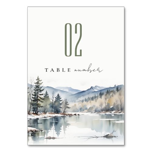 Winter Snow Mountain Lake Landscape Wedding Table Number