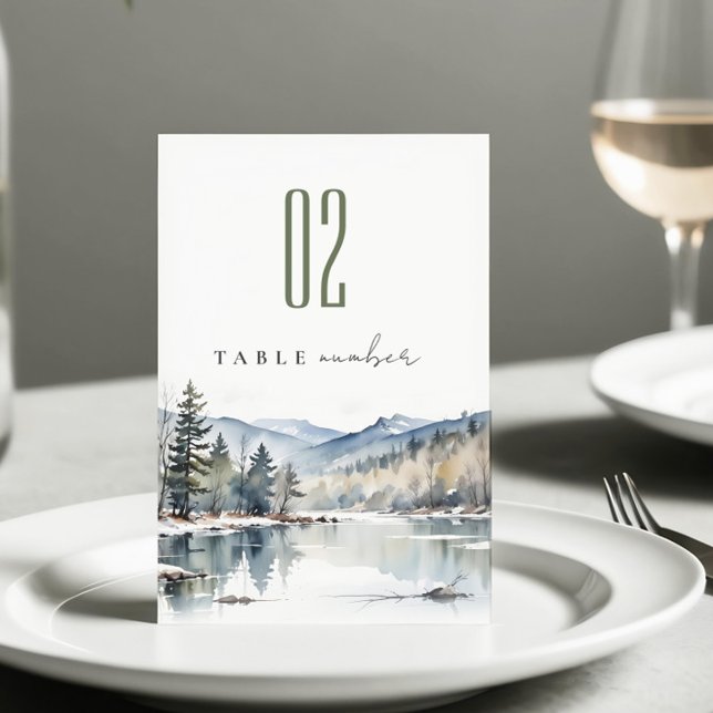 Winter Snow Mountain Lake Landscape Wedding Table Number (Creator Uploaded)