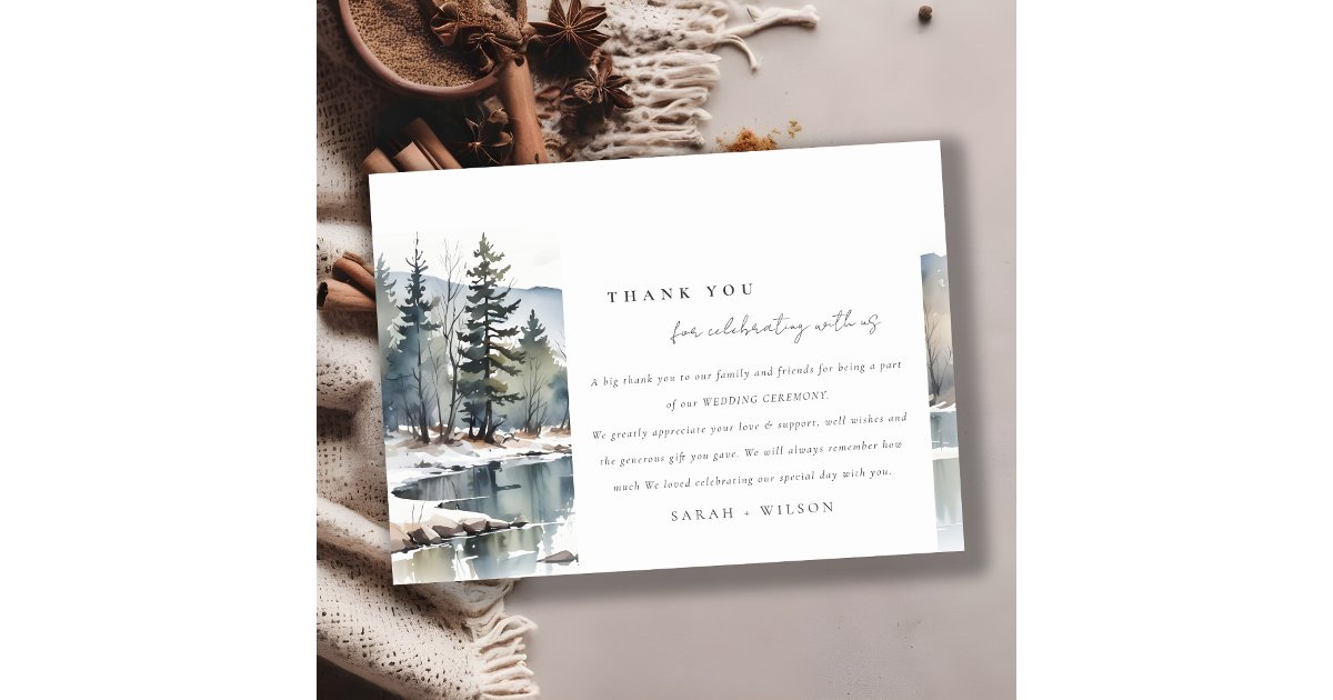 Winter Snow Mountain Lake Landscape Wedding Thank You Card | Zazzle
