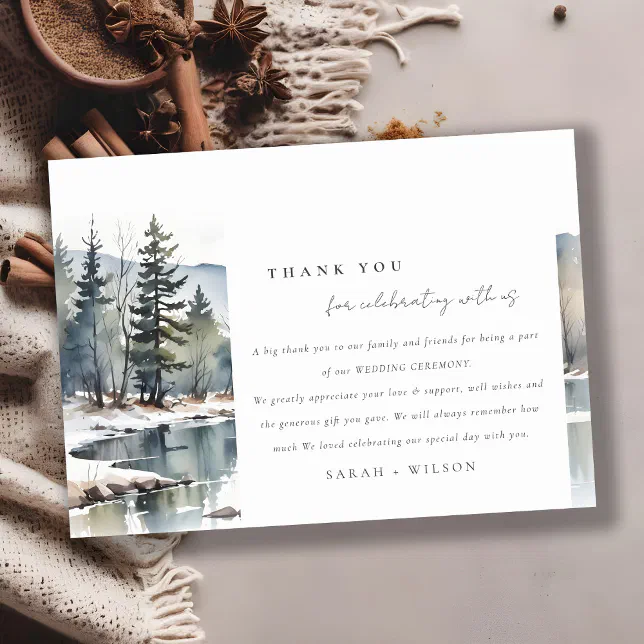 Winter Snow Mountain Lake Landscape Wedding Thank You Card | Zazzle