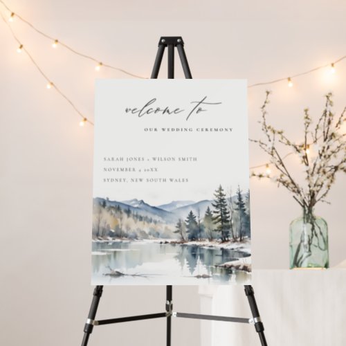 Winter Snow Mountain Lake Wedding Welcome Foam Board