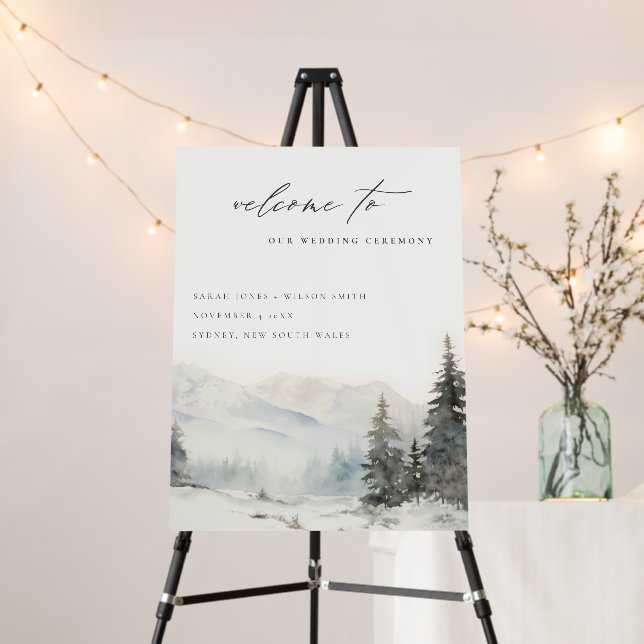Winter Snow Mountain Landscape Wedding Welcome Foam Board (In Situ (Stand))
