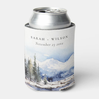 Winter Snow Mountain Ski Landscape Wedding Can Cooler