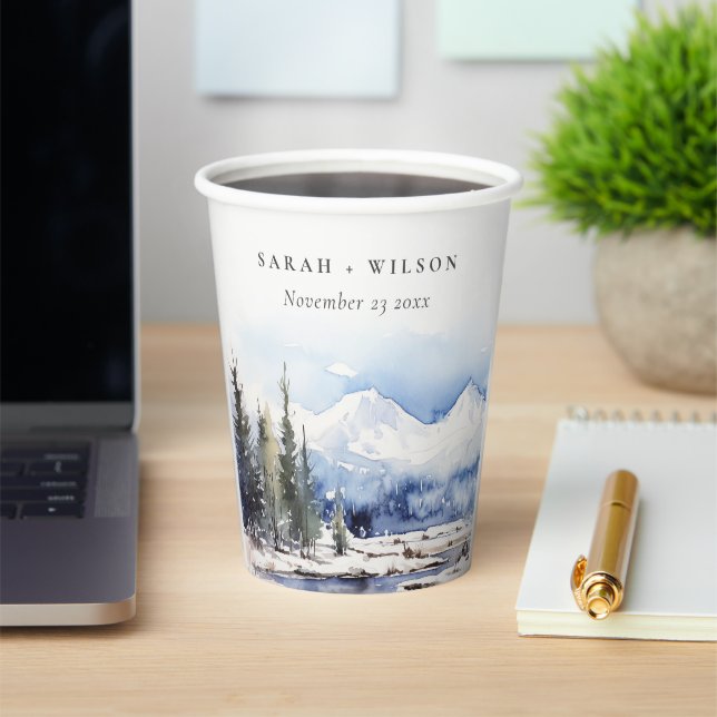 Winter Snow Mountain Ski Landscape Wedding Paper Cups (Insitu)