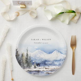 Winter Snow Mountain Ski Landscape Wedding Paper Plates
