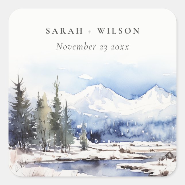 Winter Snow Mountain Ski Landscape Wedding Square Sticker (Front)