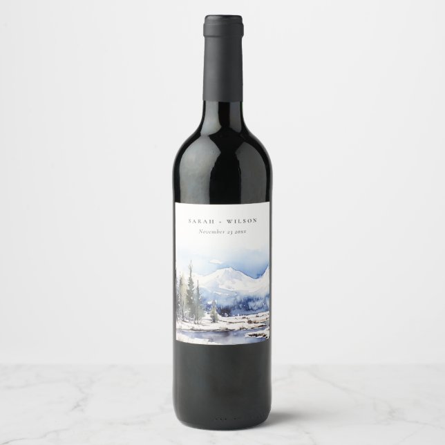 Winter Snow Mountain Ski Landscape Wedding Wine Label (Front)