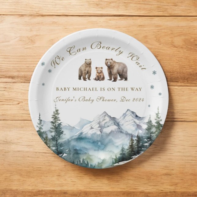 Winter Snow Mountains Bear Adventure  Baby Shower Paper Plates (Creator Uploaded)
