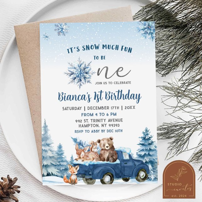 Winter Snow Munch Fun Artic Animals First Birthday Invitation (Creator Uploaded)
