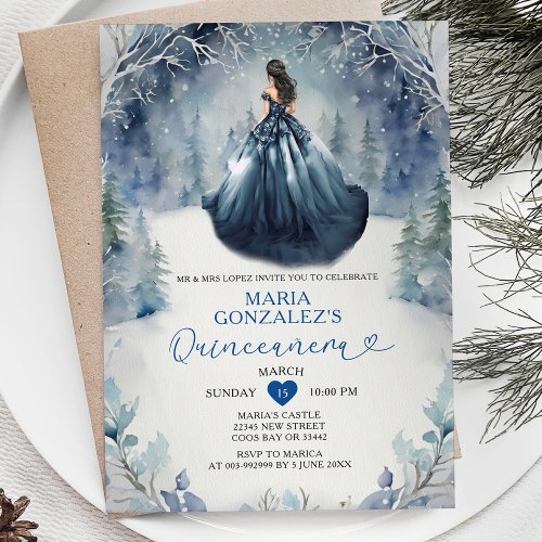 Winter Snow Navy Blue Dress Forest Quinceaera Invitation