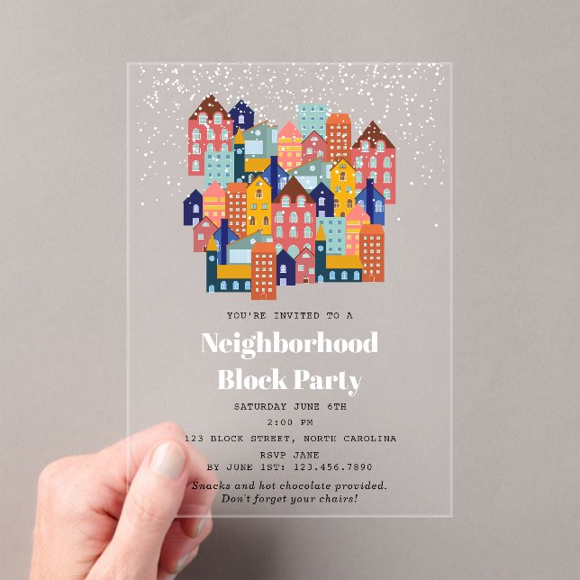 Winter Snow Neighborhood Block Party Acrylic Invitations (Insitu (Handheld))