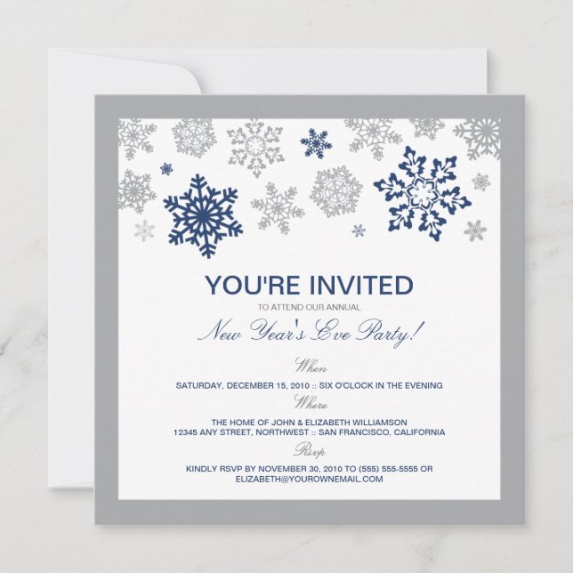 Winter Snow New Year's Eve Party Invitation (navy) (Front)