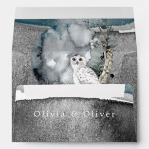 Winter Snow Owl Moon Branch Watercolor Wedding Envelope