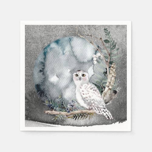 Winter Snow Owl Moon Branch Watercolor Wedding Napkins