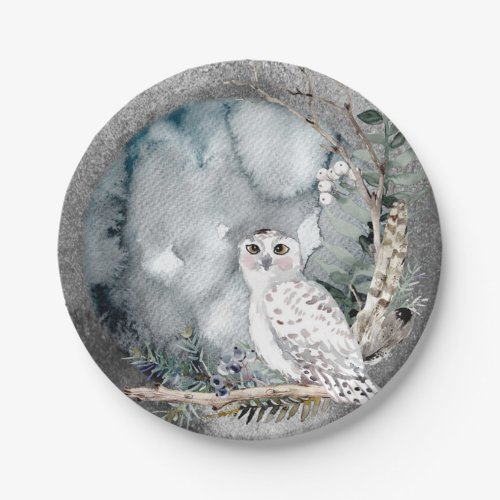 Winter Snow Owl Moon Branch Watercolor Wedding Paper Plates