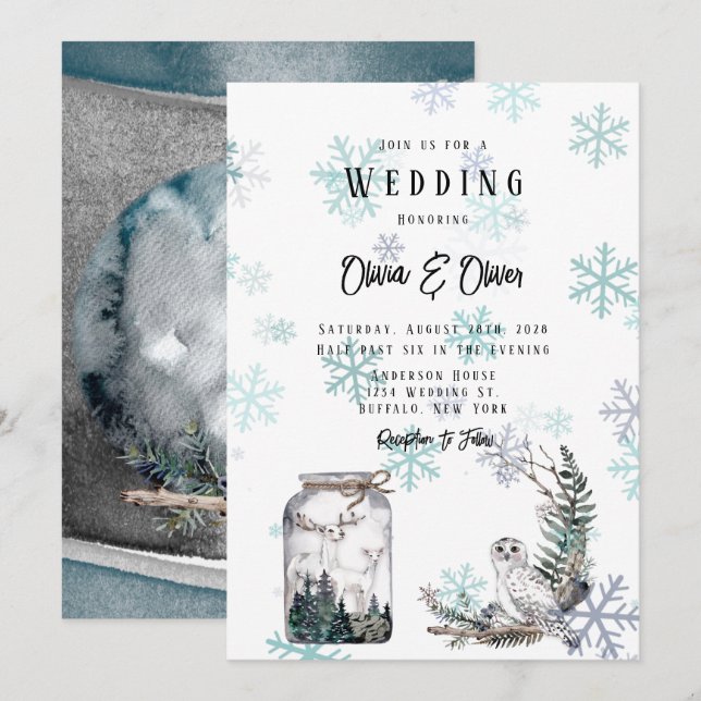Winter Snow Owl Moon Deer Watercolor Wedding Invitation (Front/Back)