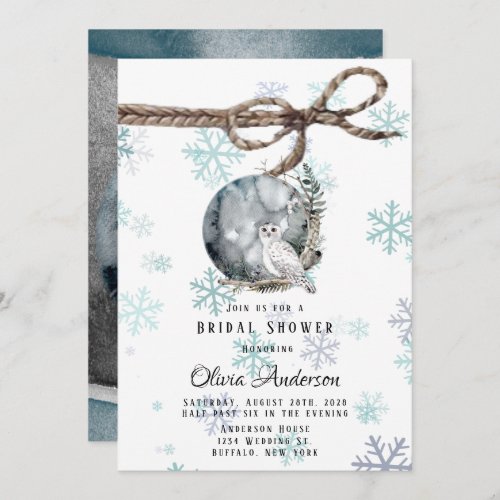 Winter Snow Owl Moon Watercolor Bridal Shower Invitation