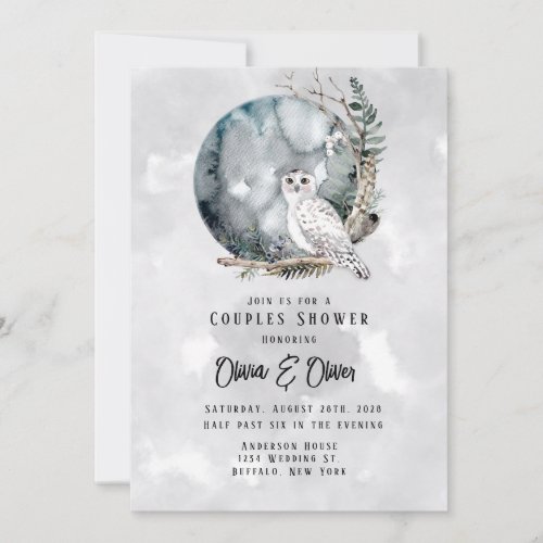 Winter Snow Owl Moon Watercolor Couples Shower Invitation