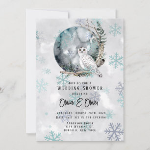 Winter Snow Owl Moon Watercolor Wedding Shower Invitation