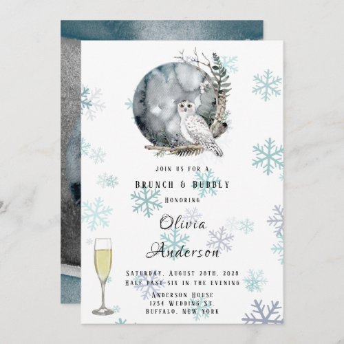 Winter Snow Owl Watercolor Brunch  Bubbly Invitation