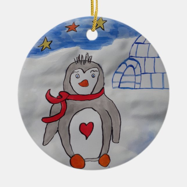 Winter Snow Penguin Ceramic Ornament (Front)