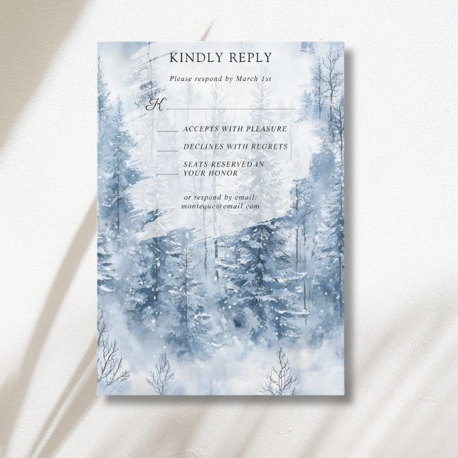 Winter Snow Pine Tree Forest Mountain Wedding RSVP Card (Creator Uploaded)