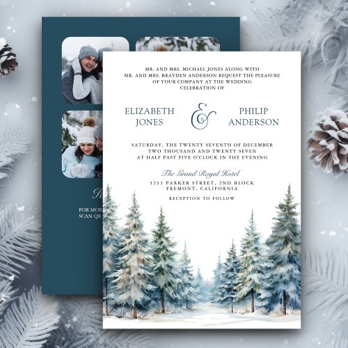 Winter Snow Pine Tree Forest Photo QR Code Wedding Invitation
