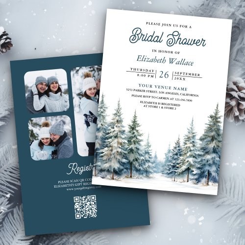 Winter Snow Pine Tree Forest QR Code Bridal Shower Invitation