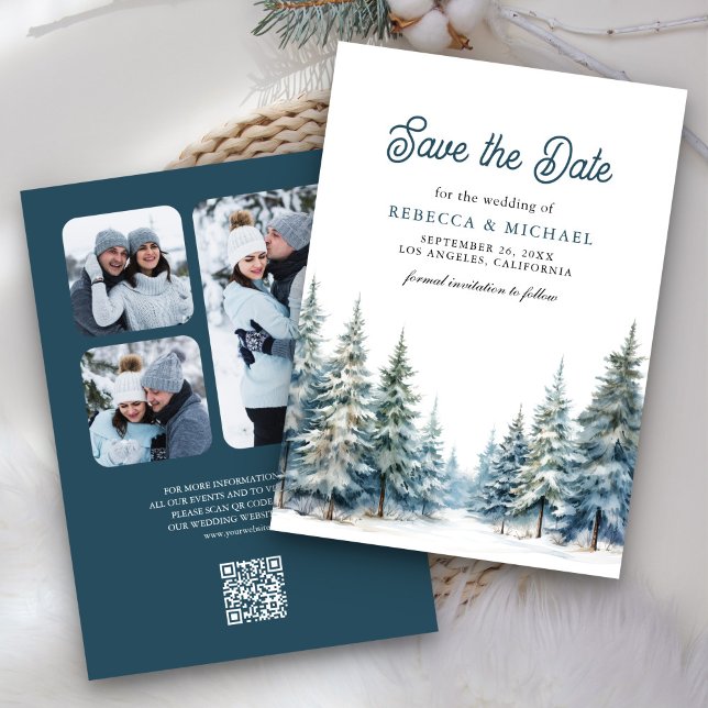 Winter Snow Pine Tree Forest QR Code Wedding Photo Save The Date (Creator Uploaded)