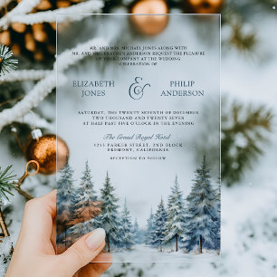 Winter Snow Pine Tree Forest Wedding Acrylic Invitations