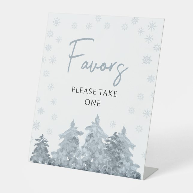 Winter snow pine trees baby shower favors sign (Front)