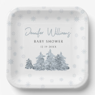 Winter snow pine trees baby shower paper plates
