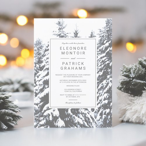 Winter snow pine trees forest photo chic wedding invitation
