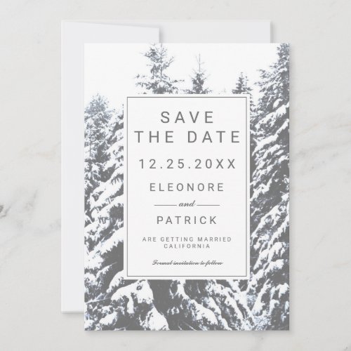 Winter snow pine trees forest photo chic wedding save the date