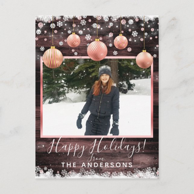 Winter Snow & Pink Ornaments Holiday Photo Card (Front)