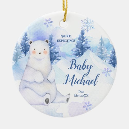 Winter Snow Polar Bear Were Expecting Parents Ceramic Ornament
