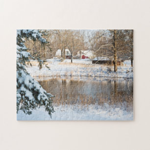Winter Snow Pond & Barns Tennessee Photography Jigsaw Puzzle