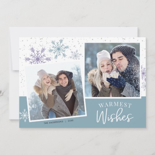 Winter Snow Purple Blue 2 Photos Christmas Holiday Card